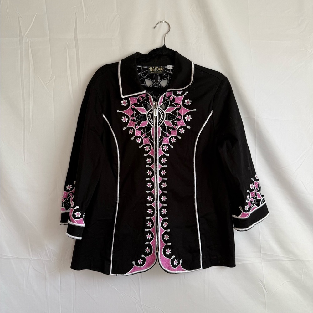 Bob Mackie Wearable Art Black and Pink Embroidered Cut Out Full Zip Jacket